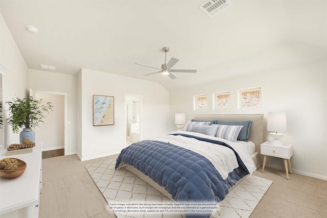 carpeted bedroom featuring lofted ceiling, visible vents, ceiling fan, and baseboards