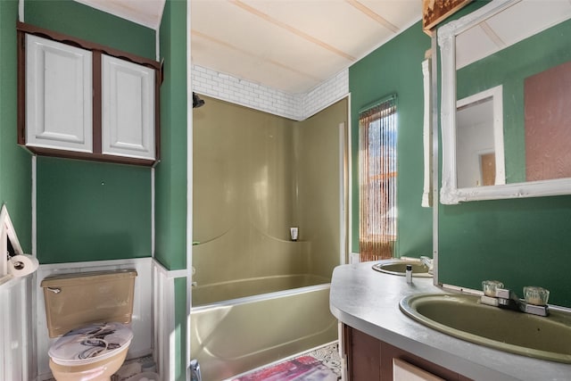 full bathroom with vanity,  shower combination, and toilet