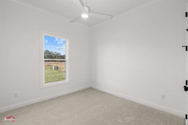 carpeted empty room with ceiling fan and ornamental molding