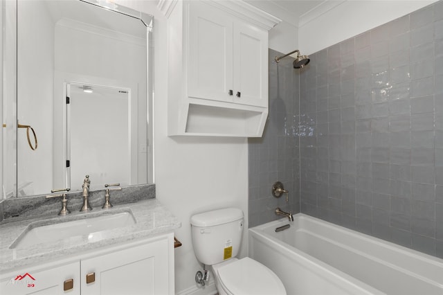 full bathroom with toilet, vanity, ornamental molding, and tiled shower / bath