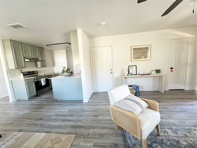 interior space with ceiling fan and hardwood / wood-style floors