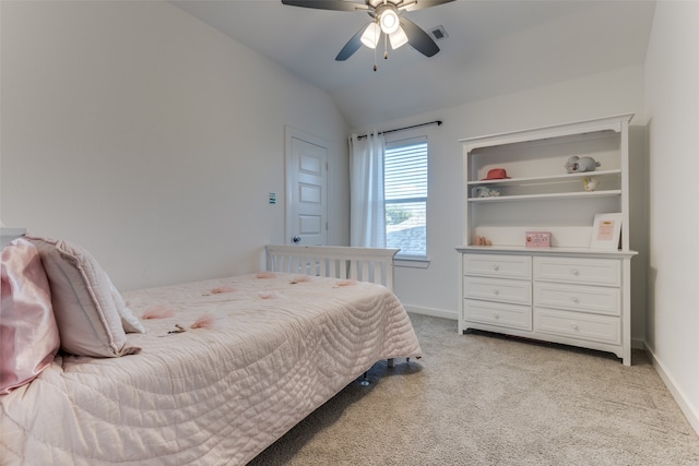 carpeted bedroom featuring ceiling fan and lofted ceiling