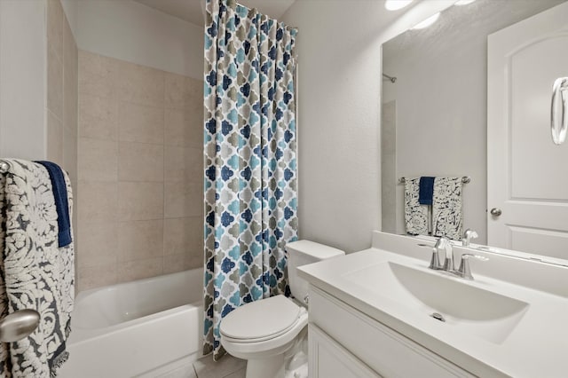 full bathroom with tile patterned flooring, shower / bath combination with curtain, toilet, and vanity