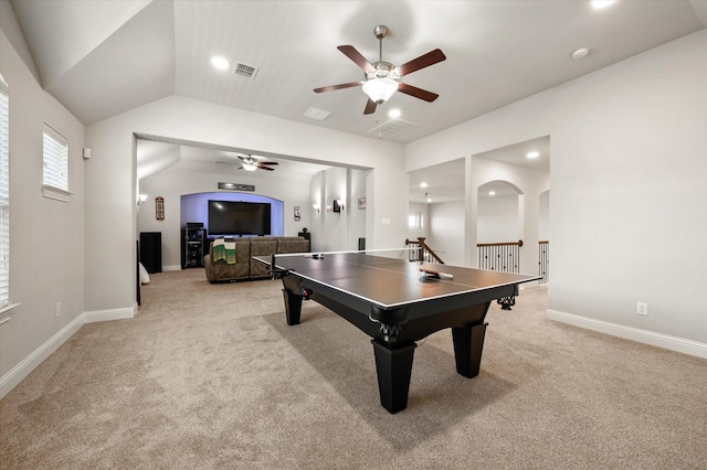 playroom featuring vaulted ceiling, ceiling fan, and light colored carpet