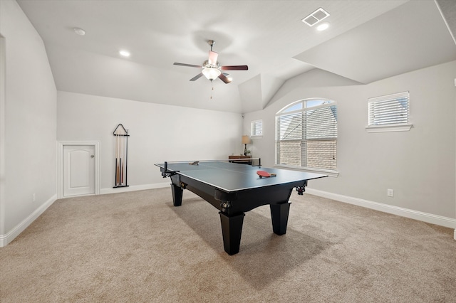 rec room featuring light carpet, ceiling fan, and lofted ceiling