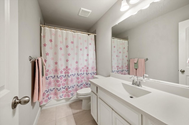 full bathroom with toilet, shower / tub combo, tile patterned floors, and vanity