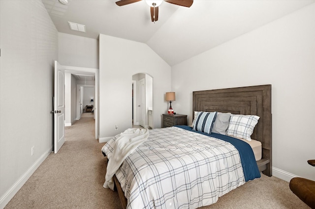 bedroom featuring ceiling fan, light carpet, and lofted ceiling