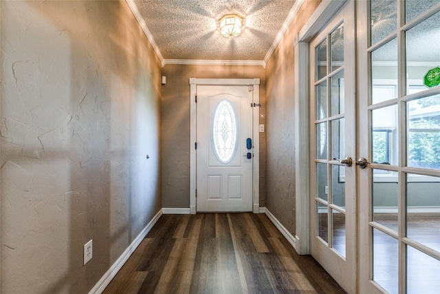 doorway to outside featuring french doors, dark hardwood / wood-style floors, and ornamental molding