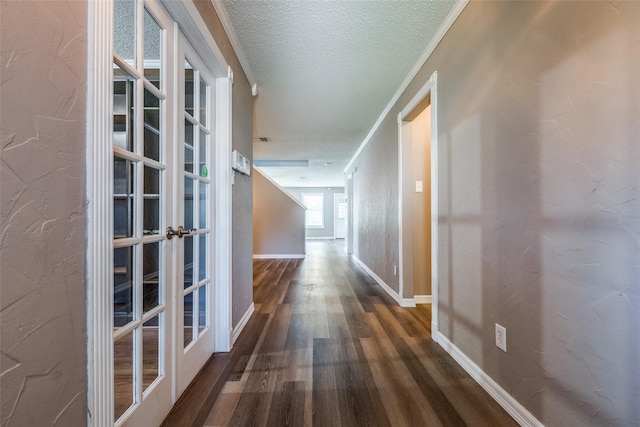 corridor featuring dark hardwood / wood-style flooring, ornamental molding, and french doors