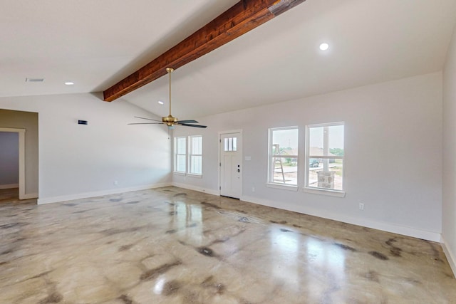 unfurnished living room with ceiling fan and lofted ceiling with beams