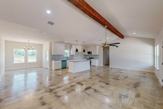 unfurnished living room with vaulted ceiling with beams and ceiling fan with notable chandelier