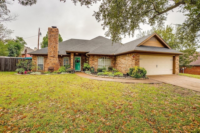 ranch-style house featuring a front yard and a garage