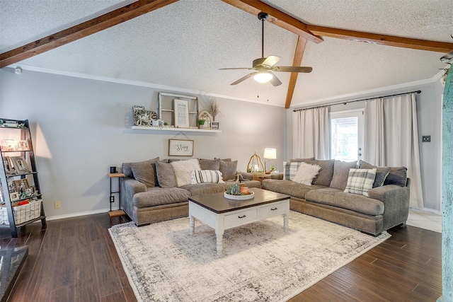 living room featuring a textured ceiling, vaulted ceiling with beams, ceiling fan, and dark wood-type flooring