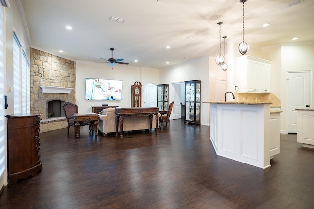 living room featuring dark hardwood / wood-style flooring, crown molding, and a stone fireplace