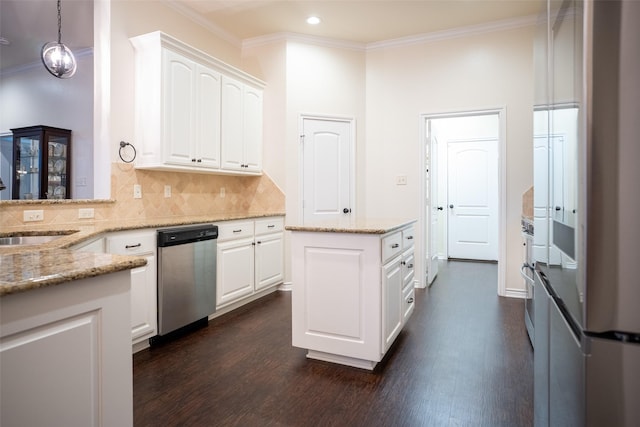 kitchen with white cabinetry, dishwasher, light stone countertops, and pendant lighting
