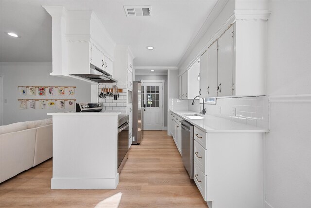 kitchen featuring sink, crown molding, stainless steel appliances, and white cabinets