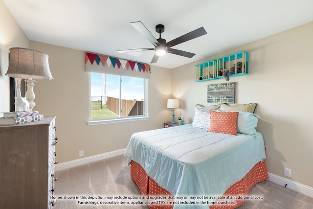 bedroom featuring ceiling fan and light colored carpet