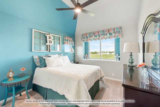 carpeted bedroom with ceiling fan and lofted ceiling