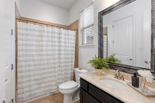 bathroom with tile patterned flooring, vanity, toilet, and a shower with shower curtain