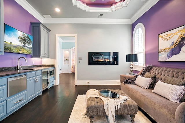 2009 E Highland St, Southlake, TX 76092 - living room with crown molding, beverage cooler, dark wood-style flooring, and a raised ceiling