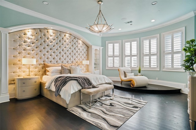 2009 E Highland St, Southlake, TX 76092 - bedroom featuring dark wood-style floors, recessed lighting, crown molding, and baseboards