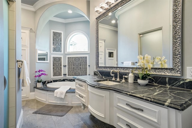 2009 E Highland St, Southlake, TX 76092 - bathroom with ornamental molding, vanity, a bath, and recessed lighting