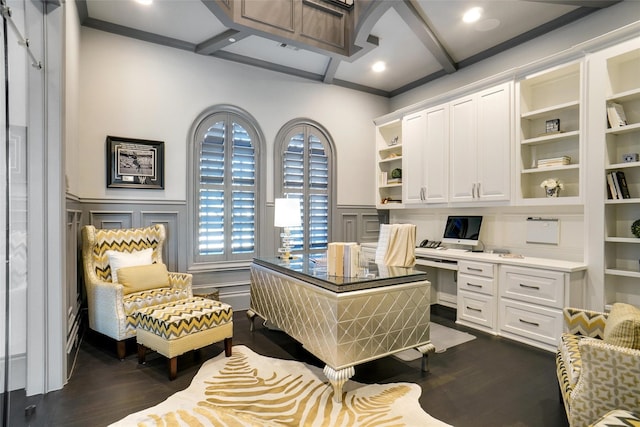 2009 E Highland St, Southlake, TX 76092 - office space with built in desk, a decorative wall, dark wood-style floors, coffered ceiling, and a wainscoted wall