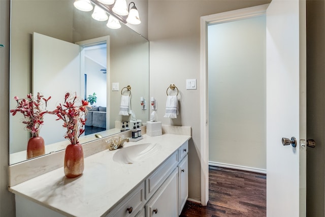 bathroom with hardwood / wood-style floors and vanity