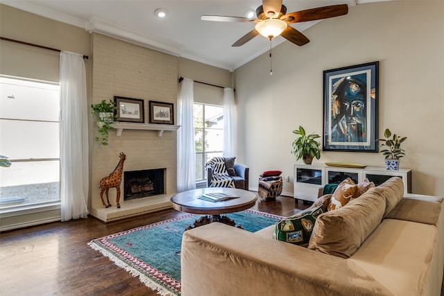 living room with lofted ceiling, crown molding, dark hardwood / wood-style floors, ceiling fan, and a fireplace