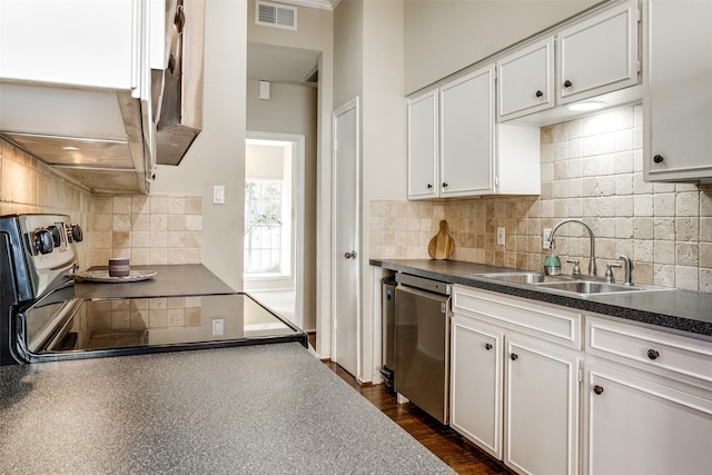 kitchen featuring tasteful backsplash, white cabinetry, sink, and appliances with stainless steel finishes