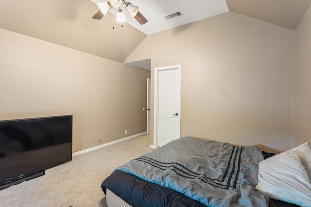 bedroom featuring carpet, ceiling fan, and lofted ceiling