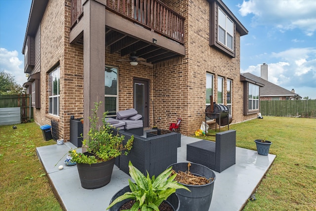 view of patio / terrace with outdoor lounge area, grilling area, a balcony, and ceiling fan