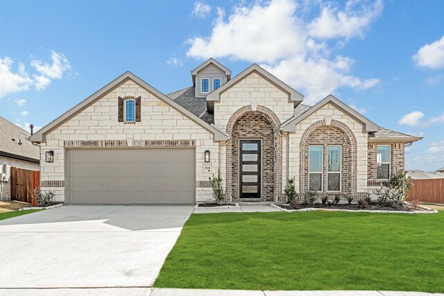 french provincial home with an attached garage, brick siding, fence, driveway, and a front yard