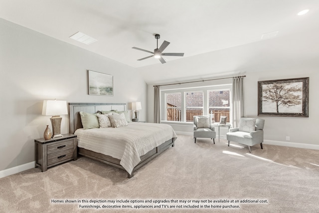 bedroom featuring ceiling fan, light colored carpet, and vaulted ceiling