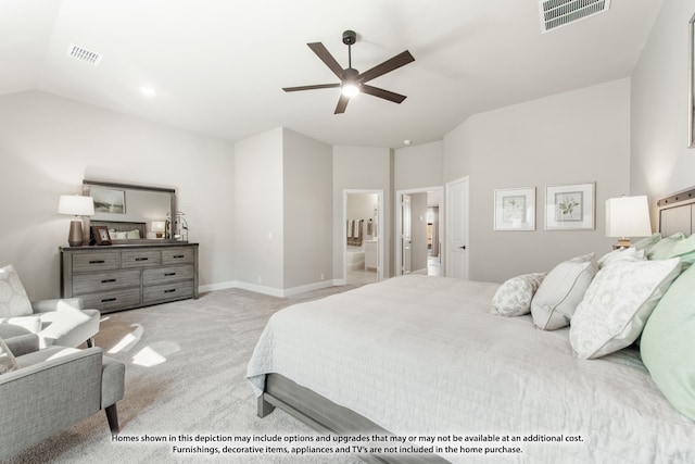 carpeted bedroom with connected bathroom, ceiling fan, and lofted ceiling