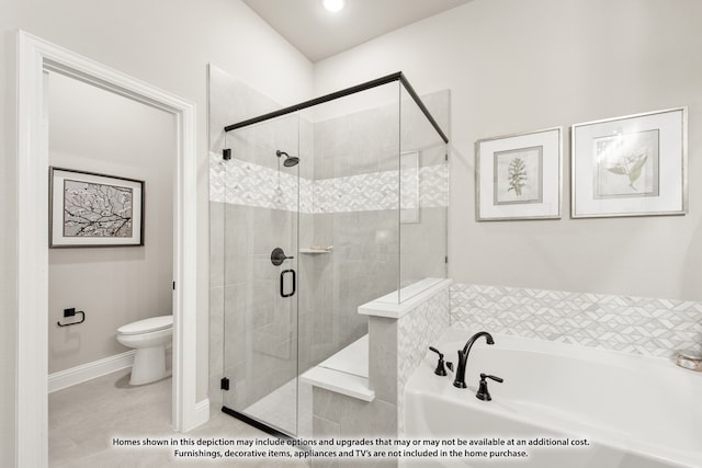 bathroom featuring tile patterned floors, independent shower and bath, and toilet