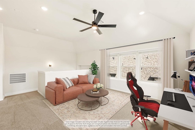 carpeted home office with baseboards, visible vents, lofted ceiling, ceiling fan, and recessed lighting