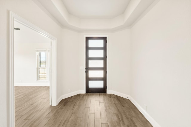 foyer with baseboards, a tray ceiling, and wood finished floors