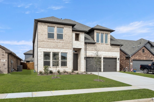 view of front of home with central AC unit, brick siding, stone siding, and a shingled roof