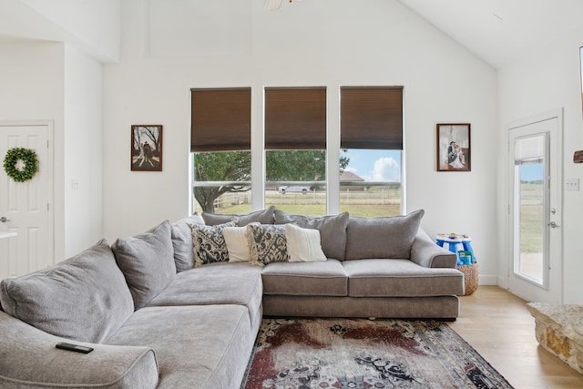 living room featuring light hardwood / wood-style flooring and high vaulted ceiling