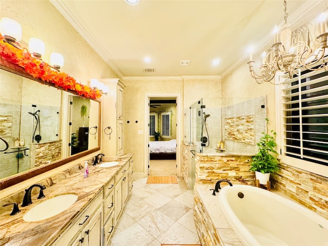 bathroom with vanity, crown molding, independent shower and bath, and an inviting chandelier