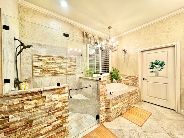 bathroom with crown molding, a chandelier, and shower with separate bathtub