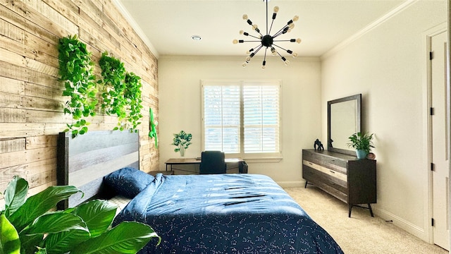 carpeted bedroom featuring a notable chandelier, wood walls, and crown molding