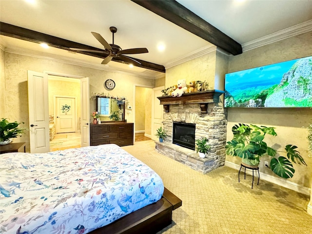 bedroom with beam ceiling, ceiling fan, light carpet, a fireplace, and ornamental molding