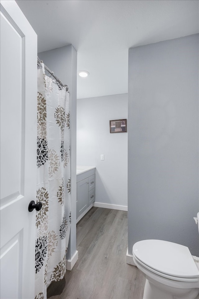 bathroom with vanity, wood-type flooring, and toilet