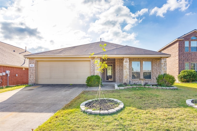 ranch-style home with a garage and a front lawn