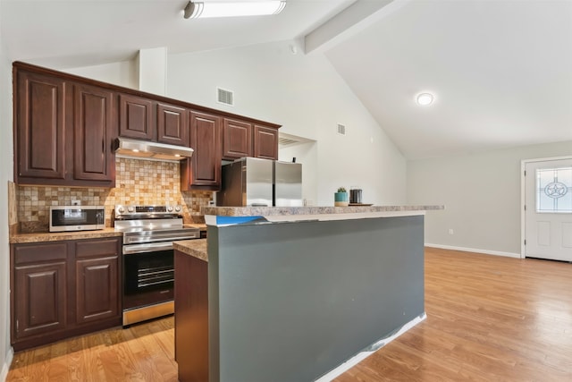 kitchen with backsplash, stainless steel appliances, beamed ceiling, a center island, and light hardwood / wood-style floors