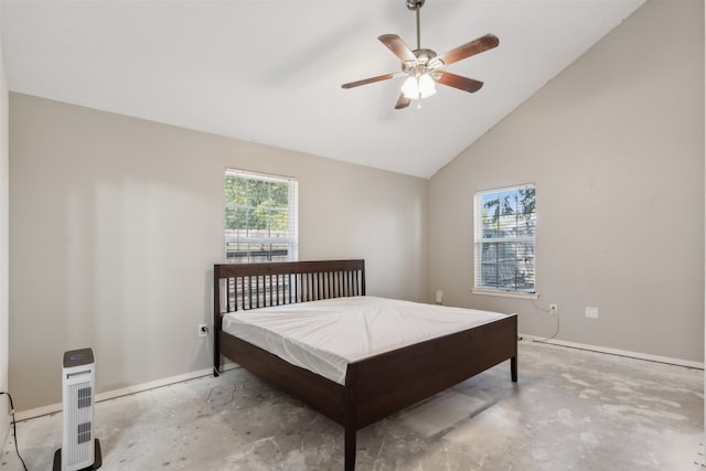 bedroom featuring high vaulted ceiling, multiple windows, and ceiling fan