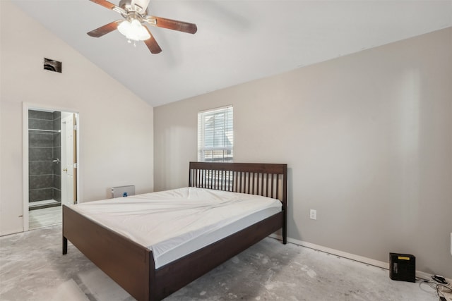 bedroom featuring ensuite bathroom, ceiling fan, and vaulted ceiling