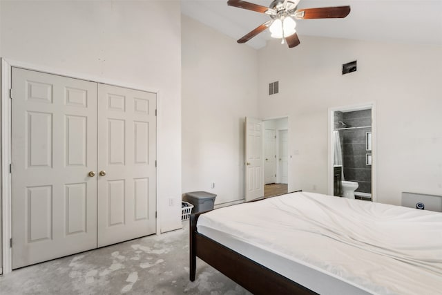 bedroom with light carpet, high vaulted ceiling, ensuite bathroom, ceiling fan, and a closet